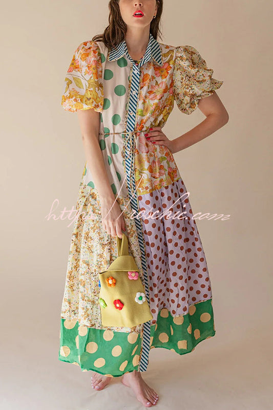 Linen Blend Unique Print Lapel Puff Sleeve Midi Dress