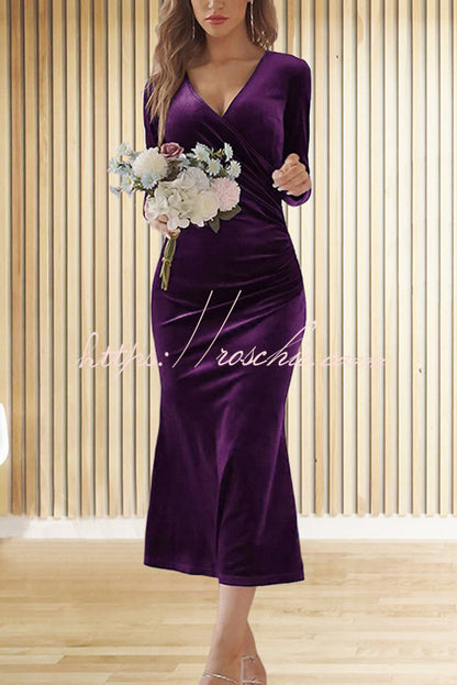 Color Velvet Long Sleeve V-neck Slim Fit Fishtail Maxi Dress