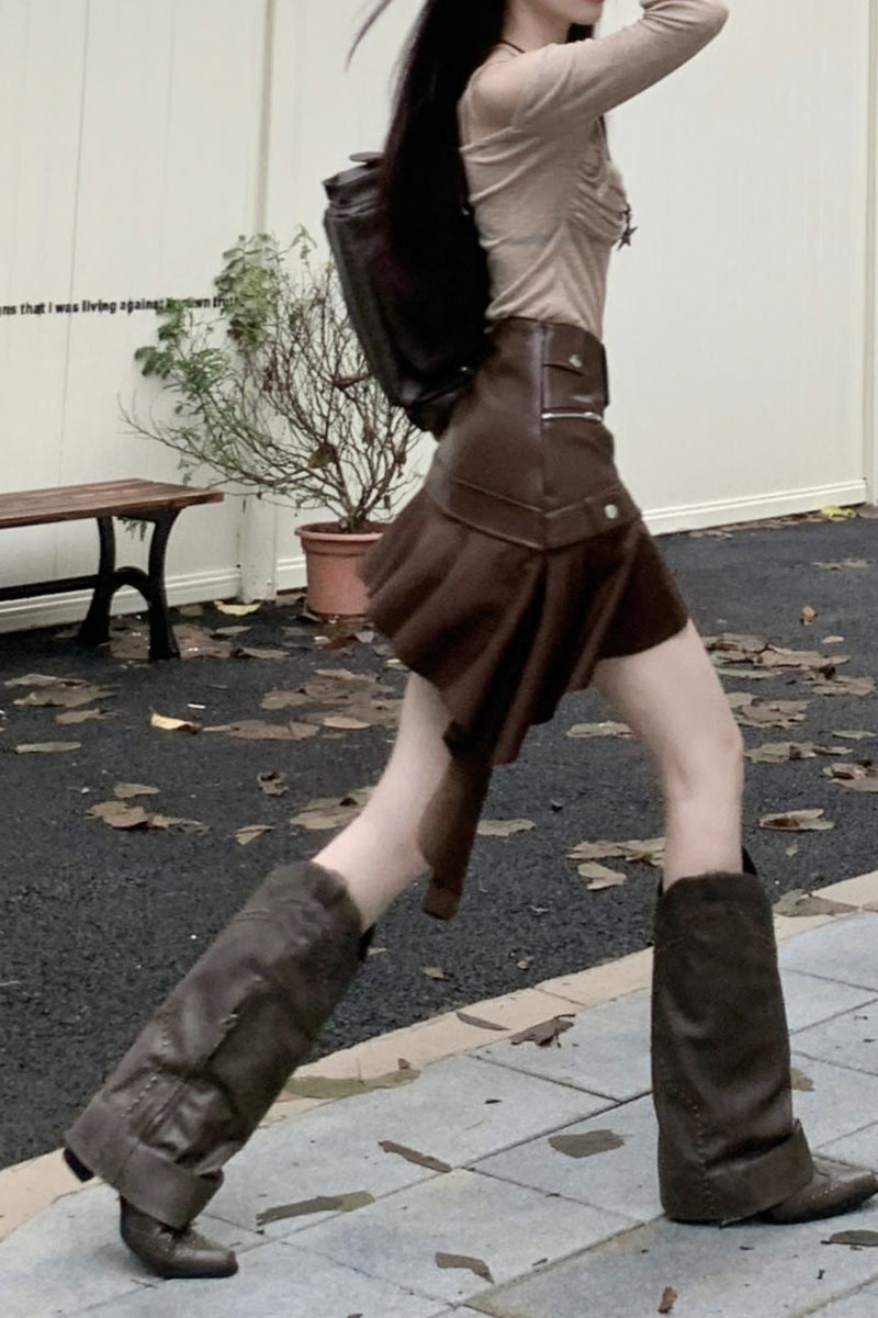 Asymmetrical Ruffle A-line Pu Leather Skirt