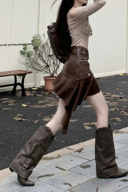 Asymmetrical Ruffle A-line Pu Leather Skirt