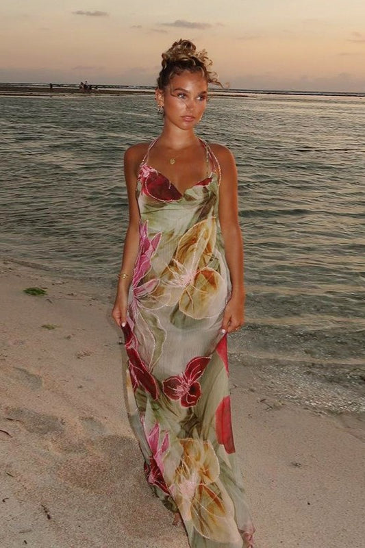 Sheer Print Slit Vacation Maxi Dress