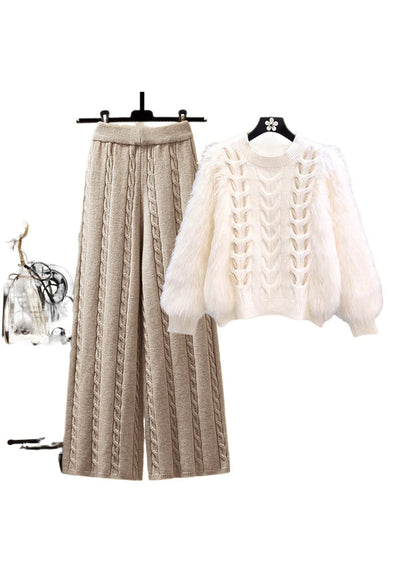 Style Apricot O Neck Sweaters and Skirts Knit Two Pieces Set Fall Wv021