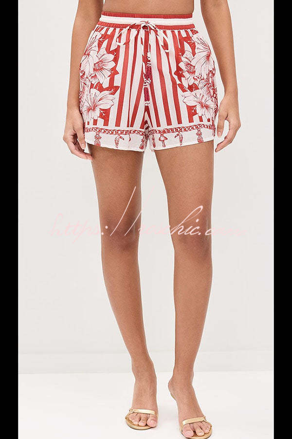 Like Paradise Print Wide Sleeve Shirt and Elastic Waist Pocketed Shorts Set