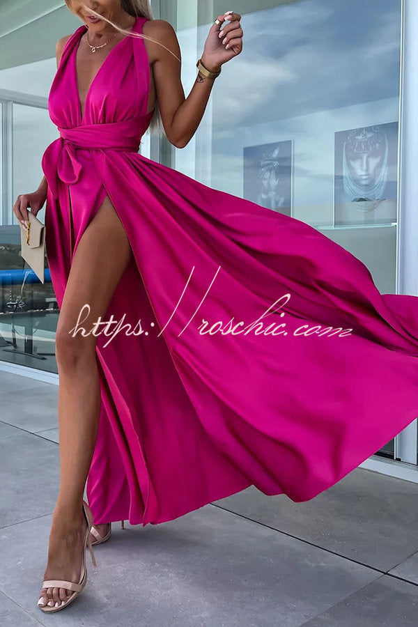 Different Effects Satin Free Tie Neck Slit Maxi Dress