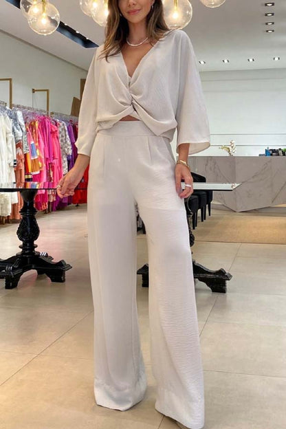 Laguna Resort Kink Shirt and Pocketed Wide Leg Pants Set With Cami Top