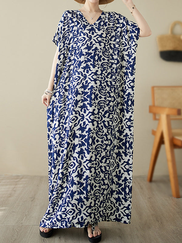 Batwing Sleeves Loose Printed V-neck Maxi Dresses