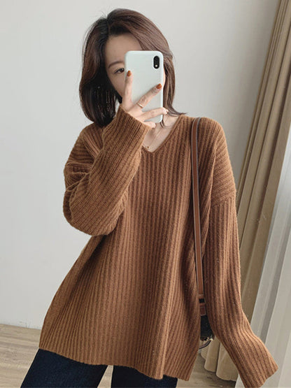 Caramel V-neck Long Sleeves Striped Knit Sweater Qx001