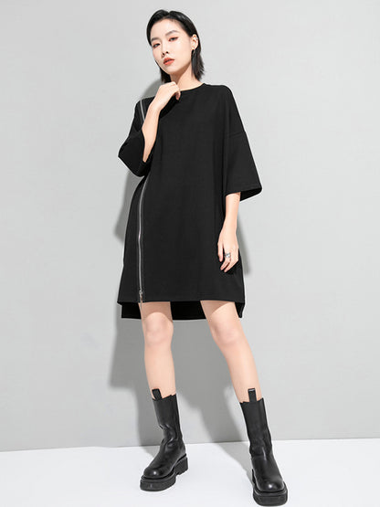Original Black Zipper Batwing Sleeve Round-neck Mini Dress