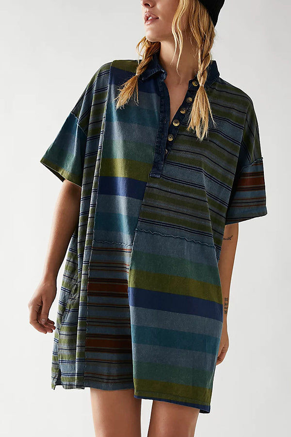 Contrast Striped Patchwork Denim Lapel Loose Mini Dress