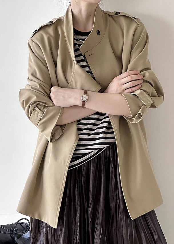 French Khaki Stand Collar Button Cotton Coats Fall Af1081