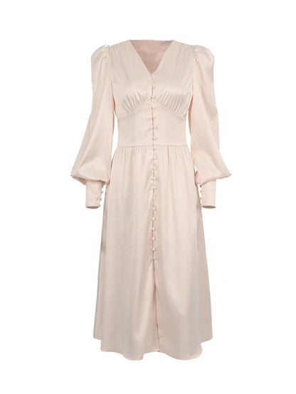 A-line High Waisted Buttoned Pleated Color V-neck Midi Dresses