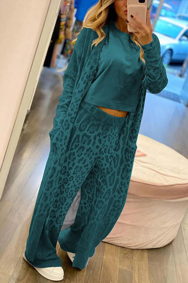 Comfort First Leopard Print Pocket Long Sleeve Cardigan Elastic Waist Pants Set