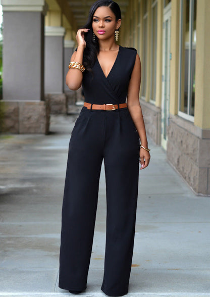 Clothing High Waist V Neck Wide Leg Irregular Asymmetric Suit With Belt Jumpsuit