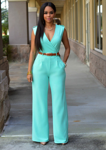 Clothing High Waist V Neck Wide Leg Irregular Asymmetric Suit With Belt Jumpsuit