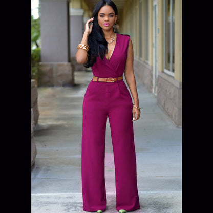 Clothing High Waist V Neck Wide Leg Irregular Asymmetric Suit With Belt Jumpsuit