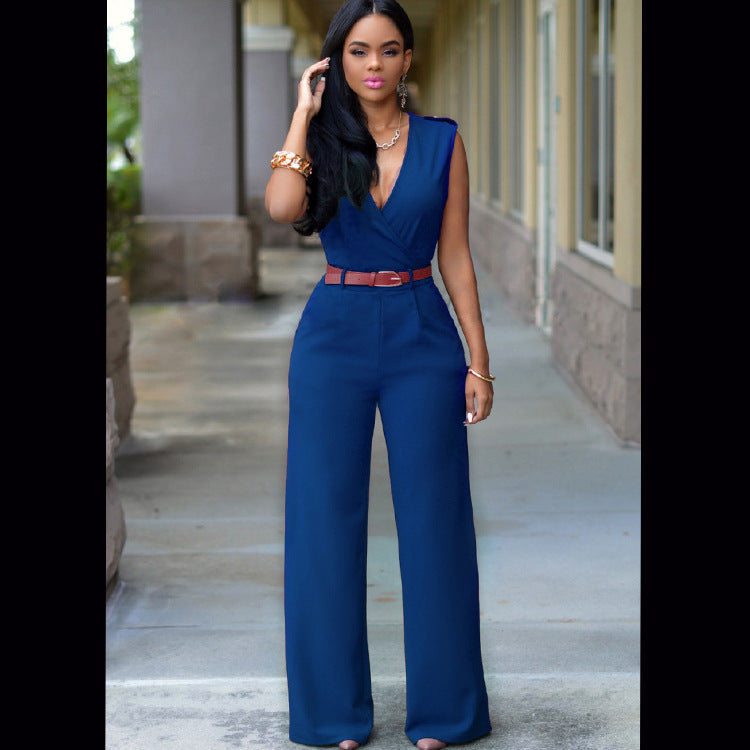 Clothing High Waist V Neck Wide Leg Irregular Asymmetric Suit With Belt Jumpsuit