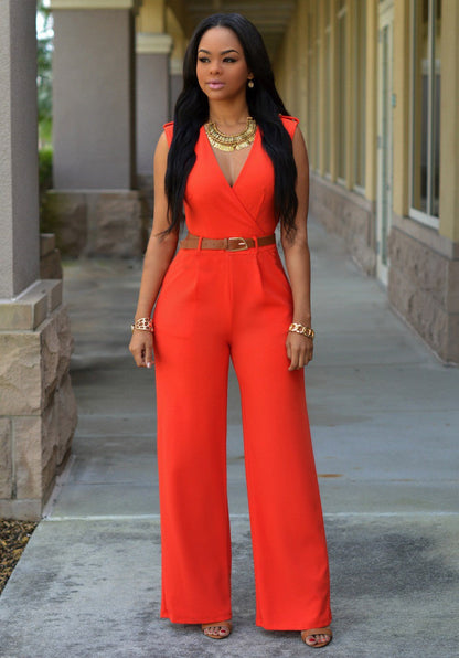 Clothing High Waist V Neck Wide Leg Irregular Asymmetric Suit With Belt Jumpsuit