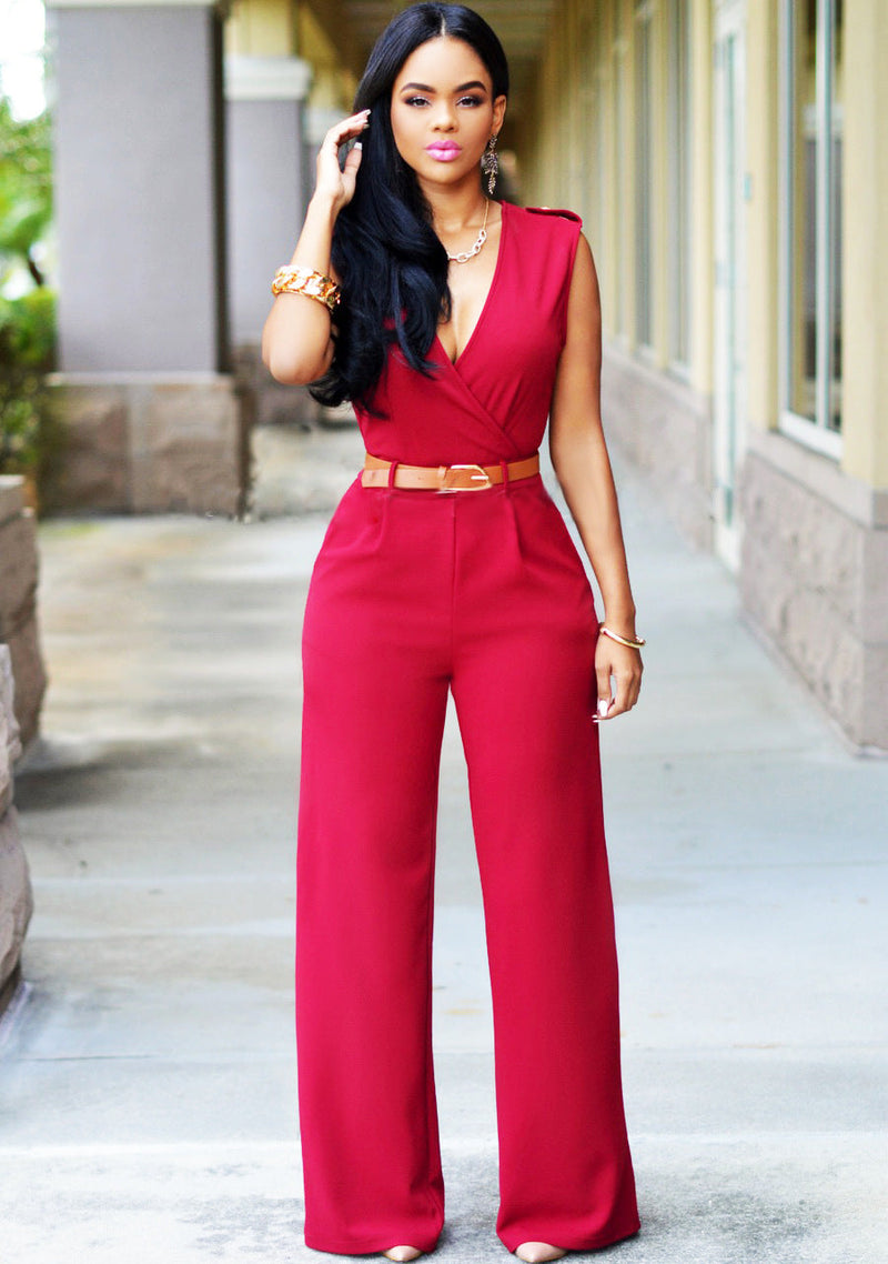 Clothing High Waist V Neck Wide Leg Irregular Asymmetric Suit With Belt Jumpsuit