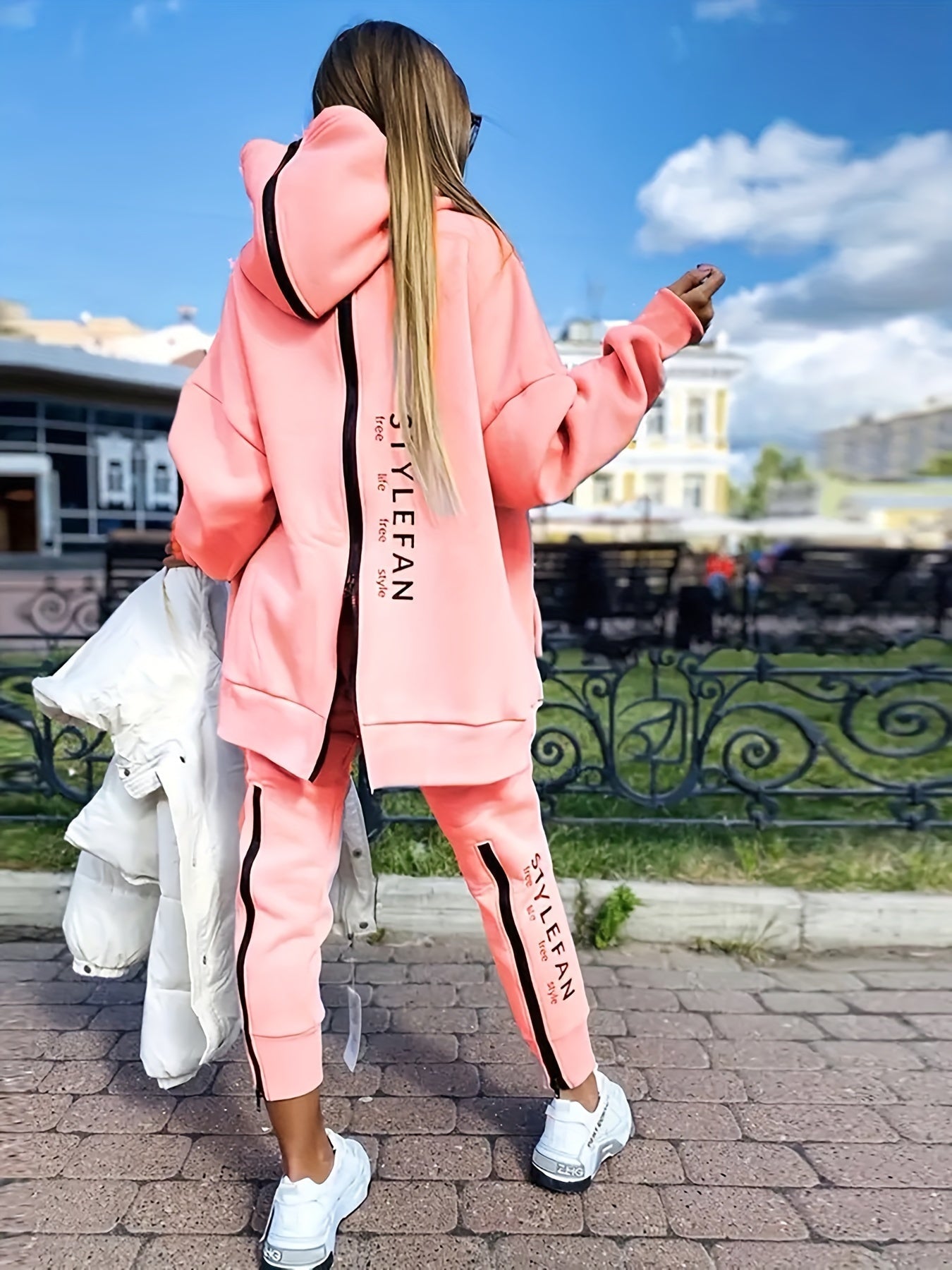 Zipper Back Drop Shoulder Hoodie & Elastic Waist Pants Outfits Fy8741