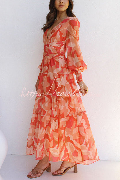 Olena Abstract Balloon Sleeves Maxi Dress (the Back Is Stretchy)
