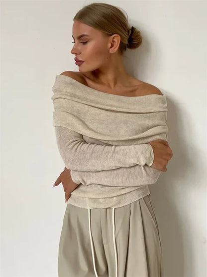 Off-shoulder Knit Pullover Sweater for Mesh See-through Long Sleeve Backless Y2k Top Knitwear Pullover