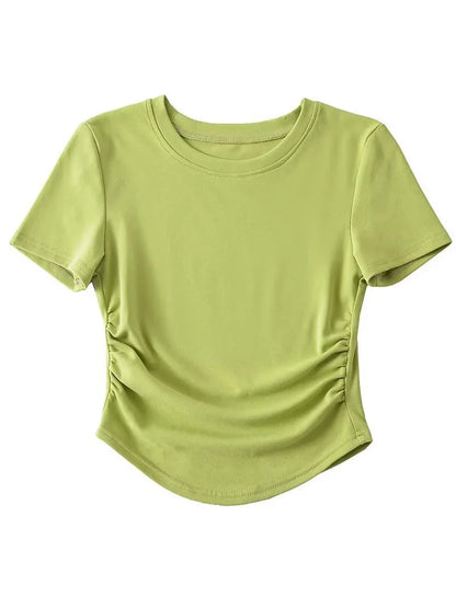 Harajuku Crew Neck Short Sleeve Cotton Tee With Ruched Sides Detail T-shirts