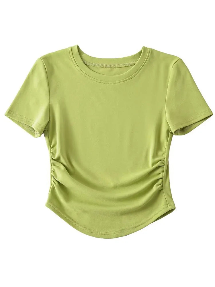 Harajuku Crew Neck Short Sleeve Cotton Tee With Ruched Sides Detail T-shirts