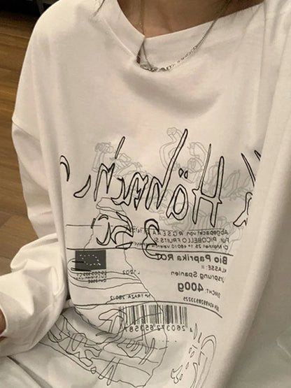Y2k T-shirt Fairy Grunge Letter Print Tops Black Autumn Off Shoulder Long Sleeved Korean Tees Loose Harajuku Shirt
