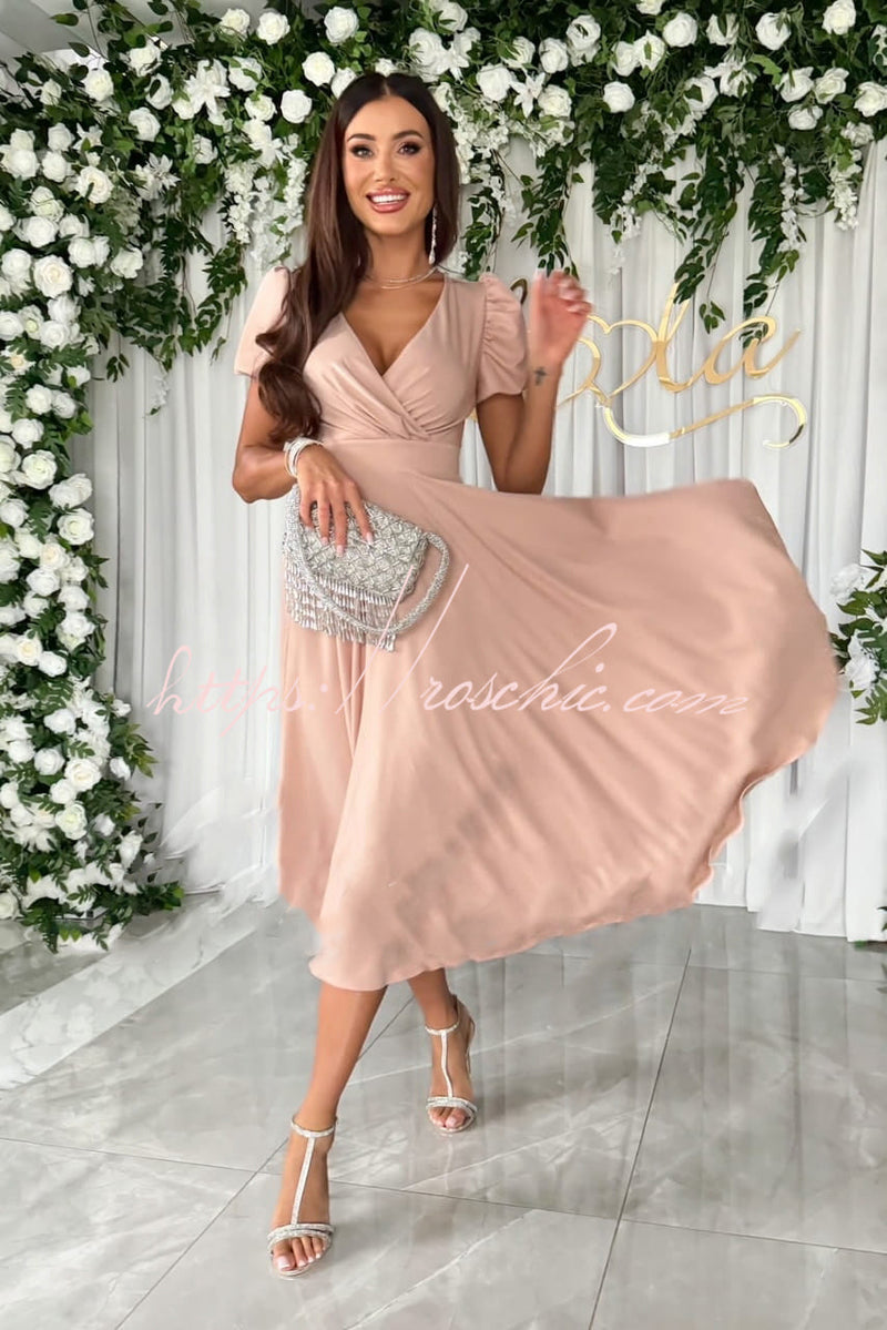 Zayla Color Puff Sleeve V-neck Waist Slim Fit Midi Dress
