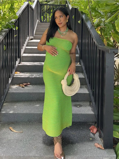 Striped Knit Female Long Dress Bandeau Loose Contrast High Waist Backless Patchwork Summer Knitwear Maxi Dress