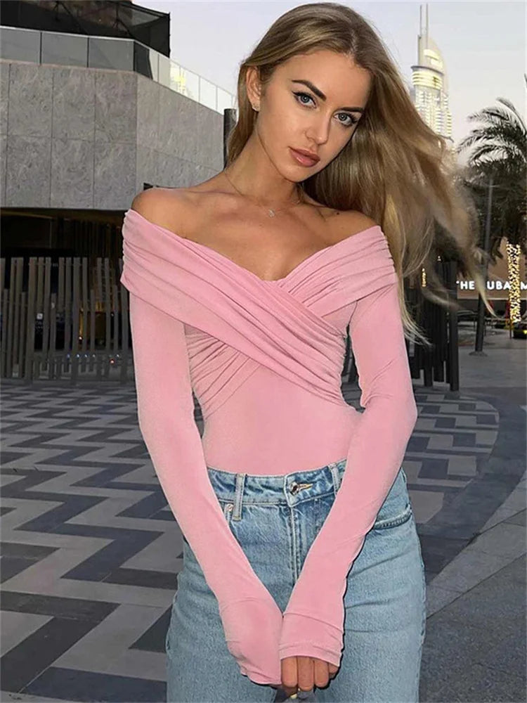 V-neck Summer Patchwork T-shirt Cropped Top for Mesh Long Sleeve Off-shoulder Female Y2k Top Tee