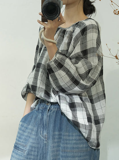 Spring Plaid Artsy Linen Loose Blouse Kl1048
