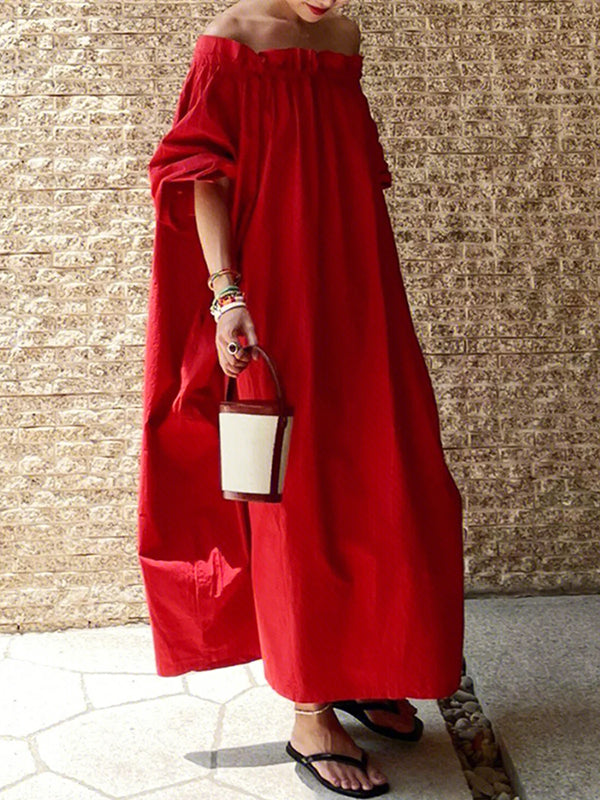 Half Sleeves Loose Elasticity Pleated Color Off-the-shoulder Maxi Dresses