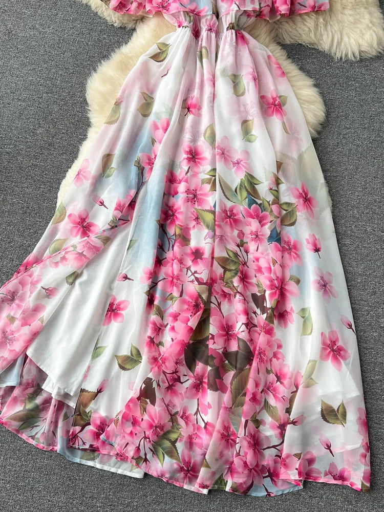 Summer Ruffle Off the Shoulder Chiffon Dress Slim A-line Printed Dresses Viantage Beach Split Maxi Dress