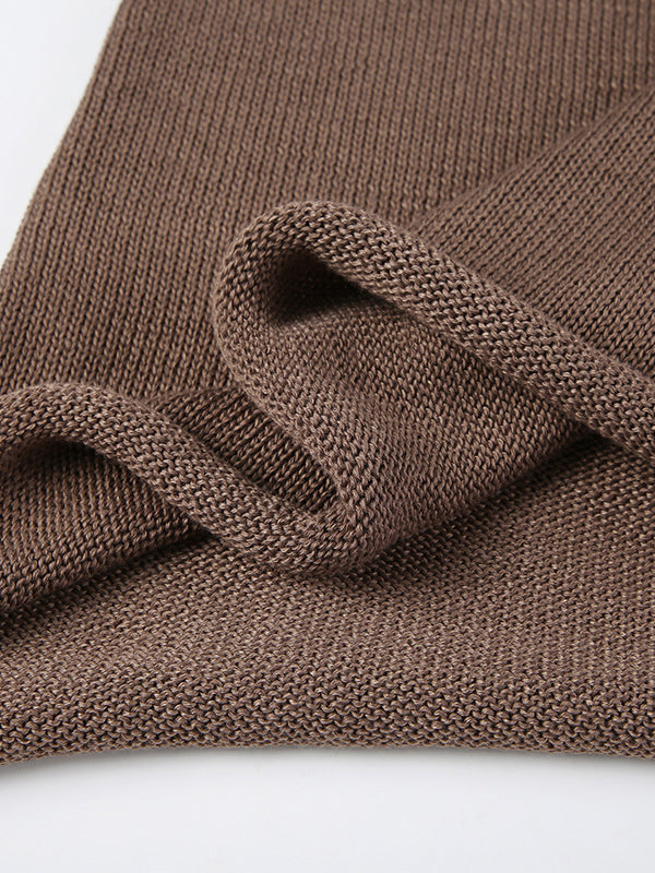 Brown Round-neck Back Cross Hollow Lace-up Long Bell Sleeve Sweater An1039