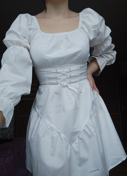 Simple White Off Shoulder Lace-up Waist Puff Sleeve Mini Dress