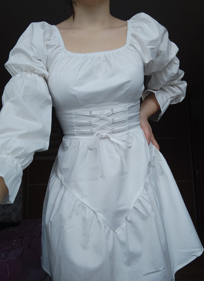 Simple White Off Shoulder Lace-up Waist Puff Sleeve Mini Dress