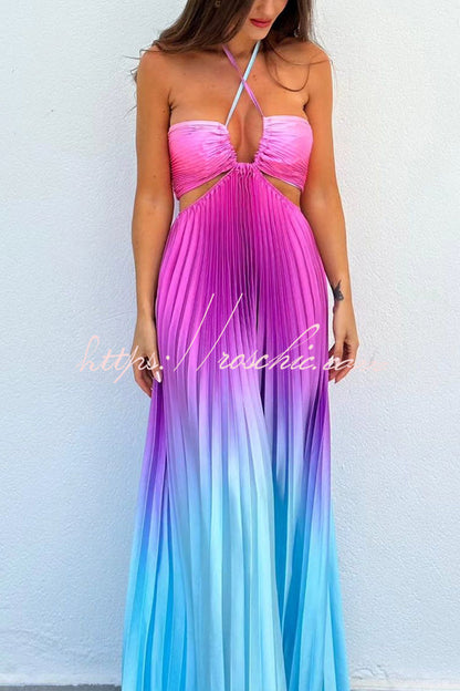 Get Ready Gradient Print Cutout Halterneck Pleated Maxi Dress