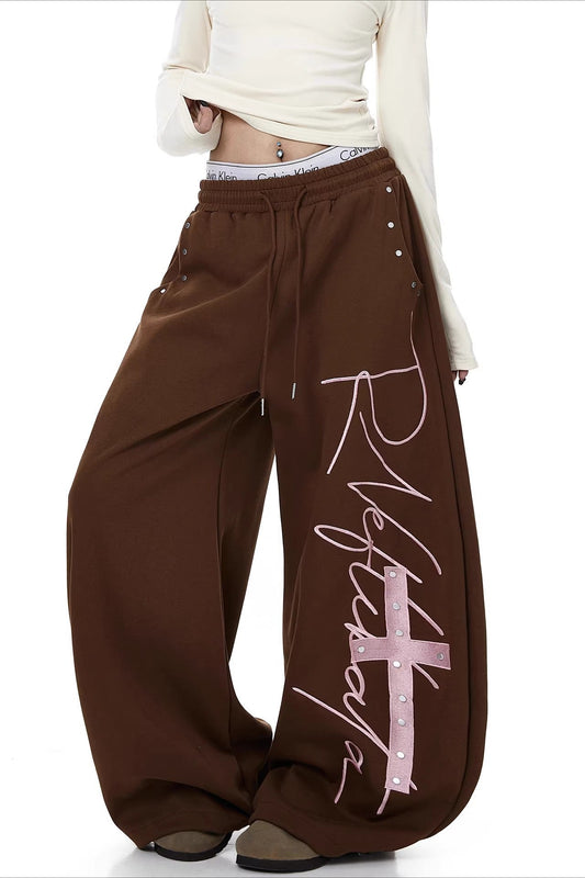 Contrast Print Curved Leg Wide Pants