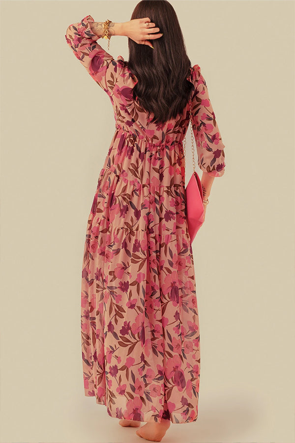 Pastel Red Print Ruffle Trim Plunge Neckline Maxi Dress