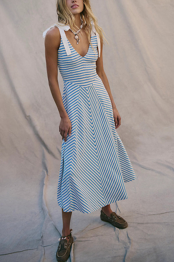 Striped Print V-neck Lace-up Backless Holiday Midi Dress