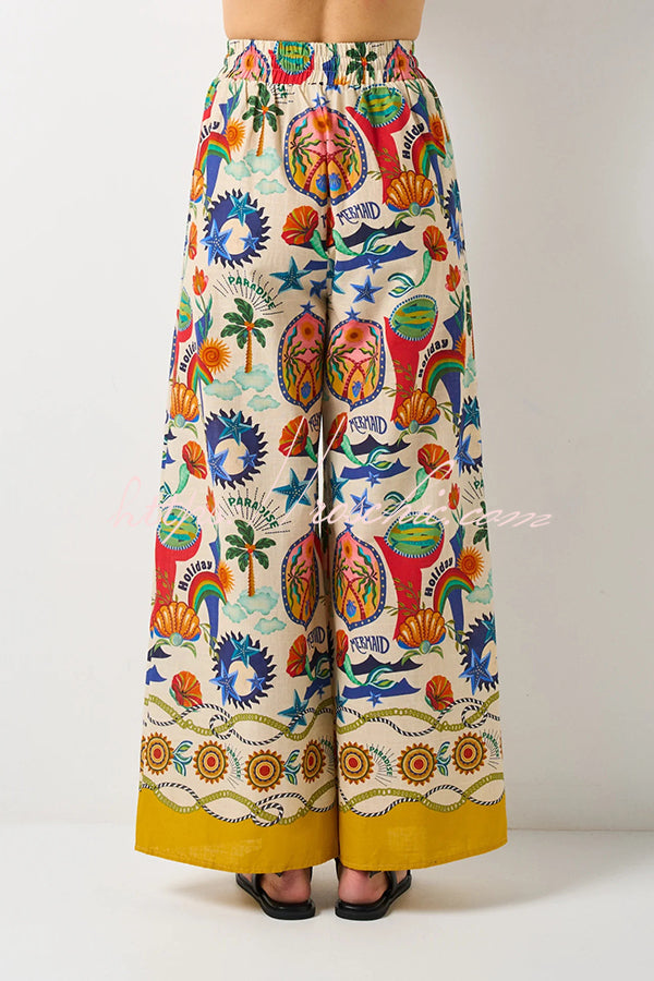 Linen Blend Unique Print Loose Short Sleeve Shirt and Elastic Waist Tie Pocket Pants Set