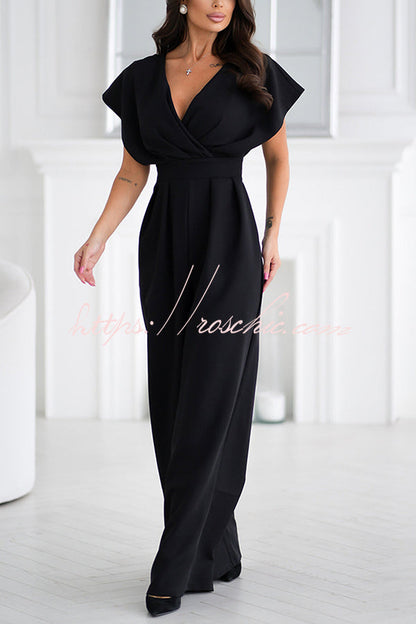 Color V-neck Waist Wide-leg Jumpsuit