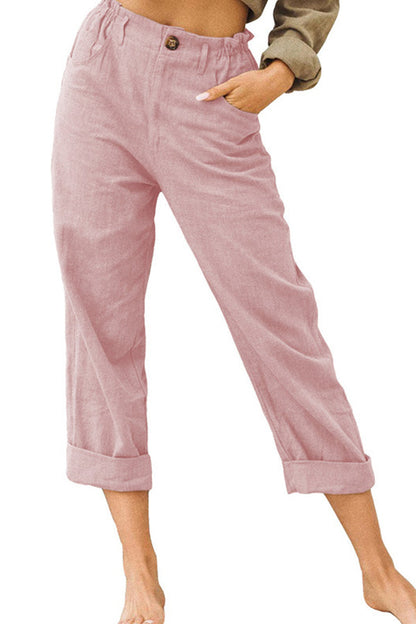Color Cotton and Linen Fashionable Loose High Waist Pants