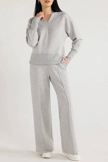 Weather Gets Cold Color V-neck Top and Elastic Waist Pocketed Lounge Pants Set