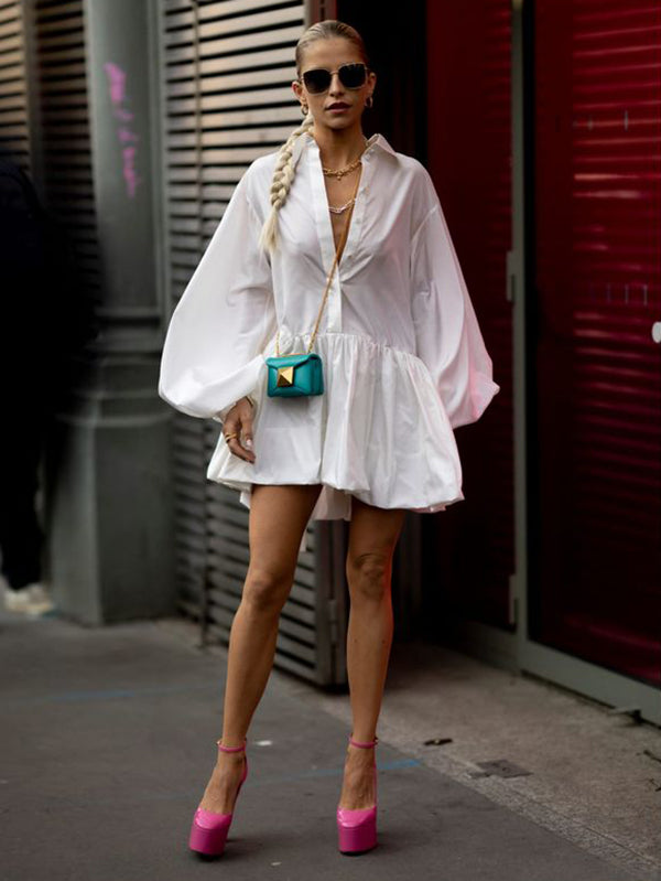 Urban Puff Sleeves Buttoned Split-joint Color Lapel Mini Dresses Shirt Dress