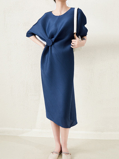 Stylish Irregularity Loose Pleated Color Round-neck Midi Dresses