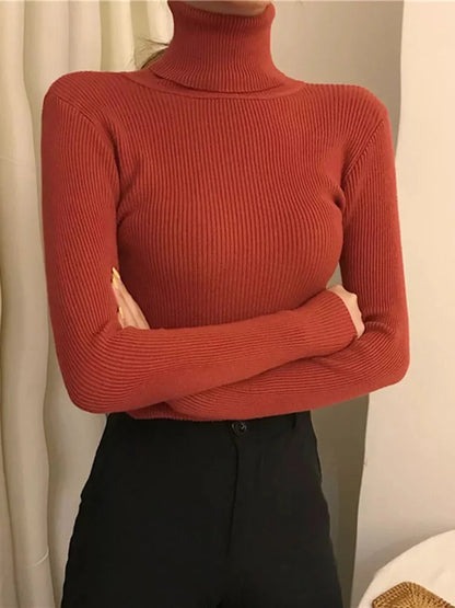 New Pullover Turtleneck Sweater Autumn Long Sleeve Slim Elastic Korean Simple Basic Jumper Color Top