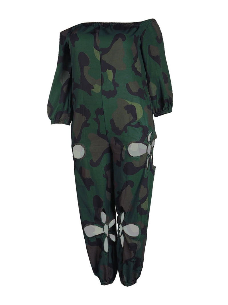 Off the Shoulder Camo Print Cut Out Jumpsuit Ar5022