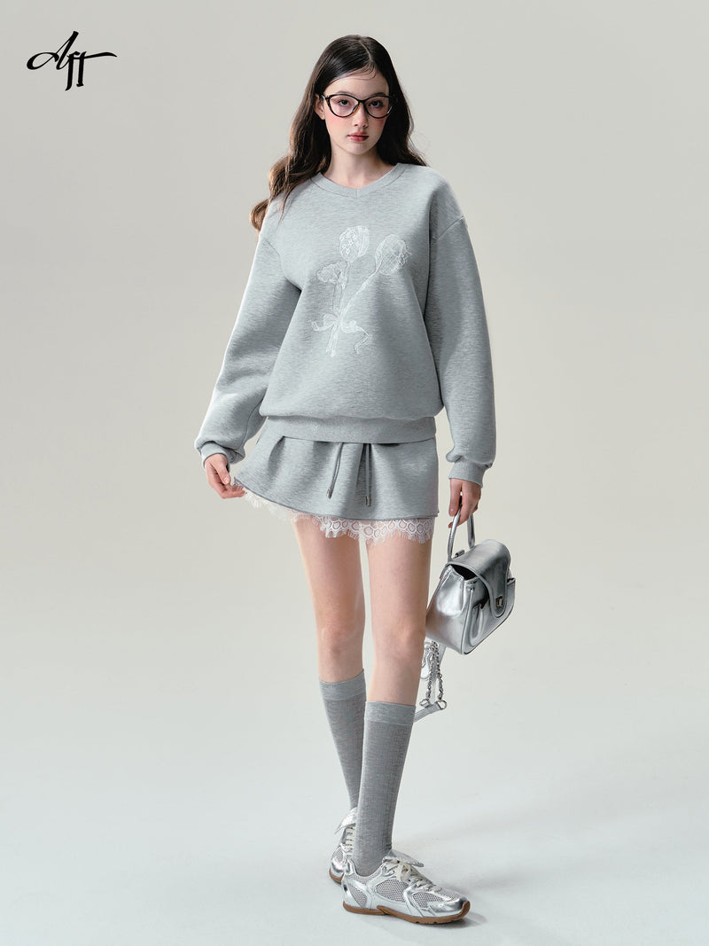 Print Grey Lace Trim Sweatshirt Set-up